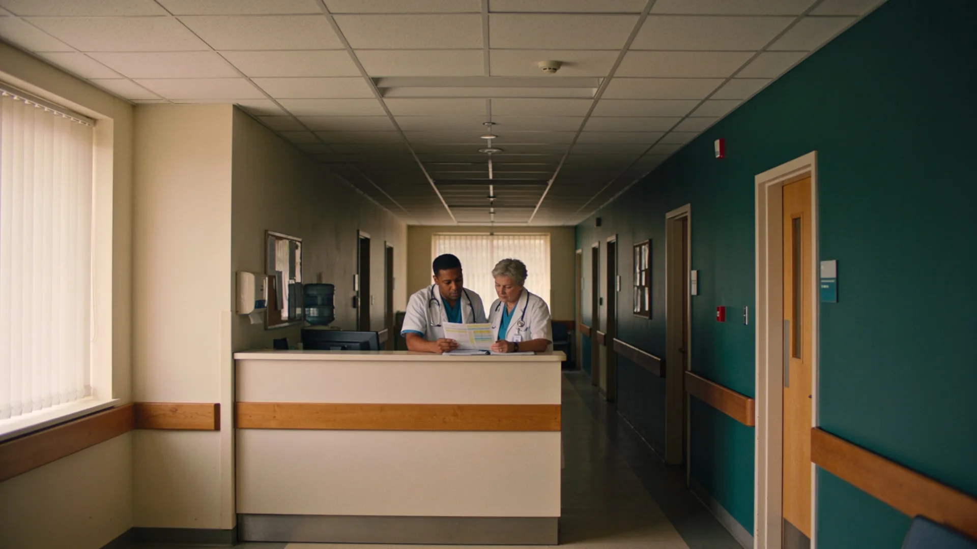 Two clinicians reviewing a patient chart together at a nurses station