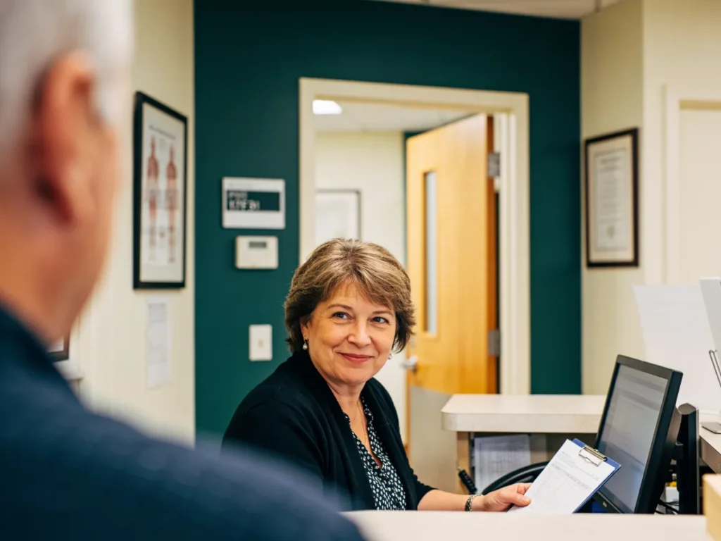 Receptionist checking a patient in at a small private practice front desk