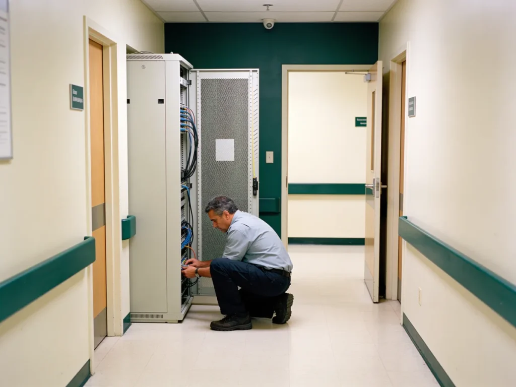 IT technician working at an open network cabinet in a clinic back office